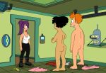 amy_wong ass bender_bending_rodriguez black_eyes black_hair cover_up cyclops futurama nude one_eye orange_hair philip_j._fry ponytail purple_hair robot short_hair smile surprise turanga_leela