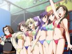 big_breasts bikini blonde_hair braid breasts brown_eyes brown_hair brunette cleavage closed_eyes glasses green_green grey_eyes hairband lineup long_hair midriff necktie open_mouth purple_hair short_hair smile t-shirt tie yellow_eyes