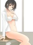  1girl anri_sonohara biting black_hair bob_cut bottomless bra durarara durarara!! glasses lingerie niwatori_kokezou no_panties open_clothes open_shirt shirt short_hair solo sonohara_anri standing unbutton_shirt underwear white_bra 