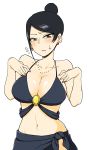 1girl bijin_onna_joushi_takizawa-san black_bikini black_hair blush breasts brown_eyes cleavage earrings flying_sweatdrops hair_bun jewelry large_breasts looking_at_viewer mole mole_under_mouth nail_polish necklace sweatdrop swimsuit takizawa_kyouko yan-baru