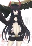  1girl bad_id bikini_top black_gold_saw black_hair black_rock_shooter gauntlet_style_gloves gloves horns huge_sword huge_weapon jacket long_hair midriff navel open_fly red_eyes rinbukyoku shorts solo star sword unzipped very_long_hair weapon 