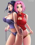 2_girls 2girls absurdres bikini blush breasts chinese_clothes cleavage cleavage_cutout fallen-rasul female_only high_res highres hinata_hyuuga huge_breasts lipstick makeup midriff multiple_girls nail_polish naruto navel panties sakura_haruno short_hair side-tie_bikini swimsuit underwear yuri