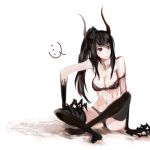 ... 1girl alternate_hairstyle black_gold_saw black_hair black_rock_shooter bra horns lingerie long_hair pale_skin panties ponytail red_eyes sitting solo thighhighs tribute tribute_(tributism) underwear underwear_only