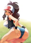  1girl ass ass_grab bad_id bare_shoulders baseball_cap big_ass big_breasts breasts cameltoe deep_skin hat high_res highres huge_ass hun hun_(artist) large_breasts long_hair naughty_face pokemon pokemon_(game) pokemon_black_and_white pokemon_bw saliva short_shorts shorts solo sweat tongue touko_(pokemon) white_(pokemon) 