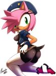 2011 amy_rose ass butt female furry gloves green_eyes hair hat hedgehog jacket looking_at_viewer nancher pink police police_uniform sega smile solo stockings tail uniform