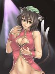 1girl animal_ears belly black_hair bottomless bra breasts brown_hair cat_ears cat_tail chen cleavage cleavage_cutout earrings female fingernails green_eyes hair hat headgear houtengeki jewelry large_breasts lingerie midriff multi_tail multiple_tails nail_polish navel nekomata no_panties older out-of-frame_censoring pink_nails short_hair smile solo tail touhou underwear