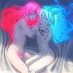 bad_id bdsm blue_hair blush bondage bound breasts colored_pubic_hair hatsune_miku licking_lips long_hair luka_megurine megurine_luka miku_hatsune multiple_girls natsuki_(sunmanday) nude pink_hair pubic_hair red_hair tongue tongue_out vocaloid yuri