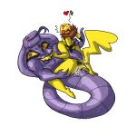 2011 abs arbok ass blush brown_hair closed_eyes cum furry hair heart muscle nude pikachu pokemon scalie shiny shiny_skin short_hair smile snake sweat tongue vaginal