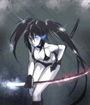 1girl bent_over bikini_top black_hair black_rock_shooter black_rock_shooter_(character) blue_eyes breasts cleavage glowing glowing_eyes houtengeki katana pale_skin shorts solo sword twin_tails twintails weapon