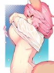  animal_ears bare_back breast_drop breasts edit fate/grand_order fate_(series) fluffy_tail gif photoshop pink_hair tamamo_no_mae_(fate) third-party_edit under_boob undressing wet_shirt wisespeak 