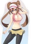 1girl akanagi_youto big_breasts black_legwear blue_eyes breasts brown_hair cleavage cloud_palette creatures_(company) double_bun female_protagonist_(pokemon_bw2) frown game_freak hairbun holding holding_poke_ball humans_of_pokemon legwear_under_shorts long_hair mei_(pokemon) nintendo nipple_slip nipples pantyhose poke_ball pokemon pokemon_(anime) pokemon_(game) pokemon_black_2_&_white_2 pokemon_black_and_white pokemon_bw pokemon_bw2 porkyman raglan_sleeves ribbon rosa_(pokemon) shorts solo twintails visor_cap watch wristwatch