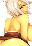  ass back bad_id bent_over blurry dean from_behind highres league_of_legends looking_back naughty_face open_mouth red_eyes riven_(league_of_legends) short_hair silver_hair simple_background solo topless white_background 