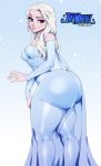 1_girl 1girl ass background blue_skirt breasts clothed disney dress elsa elsa_(frozen) female female_only frozen_(movie) high_resolution huge_ass jay-marvel large_ass long_hair looking_down pink_skin royalty small_breasts smile solo standing thick_thighs thigh_gap thighs white_hair