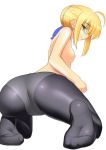  1girl ahoge ass bent_over big_ass black_legwear blonde blonde_hair breasts close_up fate/stay_night fate_(series) feet female flat_chest from_behind green_eyes hentai kneel kneeling looking_back namonashi panties panties_under_pantyhose pantyhose ribbon saber shiny shiny_clothes simple_background small_breasts soles spread_ass spread_legs topless underwear virgin white_background young 