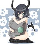 1girl bat_wings black_hair black_rock_shooter dead_master fang green_eyes highres horns hug hugging kneel mushi024 naked_thighhighs nude pillow pillow_hug sitting skull smile solo thighhighs thighs wariza wings