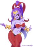 1girl bare_shoulders breasts choker cleavage earrings genie hair_ornament jewelry kajinman large_breasts lips looking_at_viewer midriff nail_polish navel ponytail purple_hair purple_skin red_eyes risky_boots shantae shantae_(cosplay) sidelocks simple_background smile thighs under_boob wide_hips