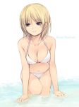 1girl beach bikini blonde_hair breasts cleavage coffee-kizoku navel original partially_submerged purple_eyes shiny shiny_skin short_hair smile solo swimsuit thigh_gap violet_eyes water