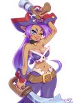  1girl arm_up bare_shoulders belt big_breasts blue_eyes breasts choker cleavage cuffs dark-skinned_female dark_skin earrings gun hat kajinman lips long_hair looking_at_viewer navel one_eye_closed pirate pirate_hat pointy_ears purple_hair shantae shantae_(character) shantae_and_the_pirate&#039;s_curse simple_background smile sword weapon wide_hips 