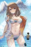  1boy 1girl big_breasts bikini blue_eyes breast_tattoo brown_hair choker cleavage doiparuni eunie_(xenoblade) head_wings high_res long_hair looking_at_viewer medium_hair navel smile swimsuit taion_(xenoblade) tattoo water white_wings wings xenoblade_(series) xenoblade_chronicles_3 