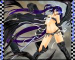 1girl alternate_costume belt beltbra beltskirt black_rock_shooter black_rock_shooter_(character) blue_eyes blue_hair boots breasts female highres ledjoker07 long_hair navel scar skull small_breasts solo swimsuit sword thigh_boots thigh_high_boots thighhighs twin_tails weapon