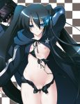  1girl bikini_top black_hair black_rock_shooter black_rock_shooter_(character) blue_eyes breasts c.r. checkered checkered_background cloak flat_chest front-tie_top glowing glowing_eyes hot_pants long_hair nipples no_panties open_fly pussy short_shorts shorts smile solo star twin_tails twintails uncensored unzipped very_long_hair wardrobe_malfunction 