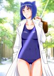  adult animal_ears aq_interactive arcana_heart atlus bifidas_(pixiv) blue_hair blush breasts cleavage daidouji_kira examu kira_daidohji lab_coat labcoat older swimsuit 