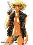  1girl bikini blonde_hair blue_eyes blue_gender breasts eiris_key eiris_key_(artist) fanboy-dreams female gun handgun marlene_angel open_clothes open_shirt pistol shirt short_hair solo swimsuit weapon white_background 