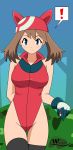 1girl adapted_costume arm arm_behind_back arms art babe bandanna bare_arms bare_shoulders big_breasts black_legwear blue_eyes blush breasts brown_hair creatures_(company) game_freak gloves haruka_(pokemon) holding holding_poke_ball humans_of_pokemon legs leotard looking_at_viewer may_(pokemon) neck nintendo poke_ball pokemon pokemon_(anime) pokemon_(game) pokemon_diamond_pearl_&_platinum pokemon_dppt pokemon_rse red_bandanna short_hair sleeveless smile stockings vector_trace wslasher