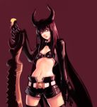 1girl bikini_top black_gold_saw black_hair black_rock_shooter cape cropped_jacket drawfag hime_cut horns huge_weapon kingsaw long_hair midriff navel red_background red_eyes shorts simple_background solo sword thighhighs unzipped wat-kun weapon