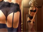 1girl 4:3_aspect_ratio ass big_breasts black_bra black_legwear black_panties black_thighhighs black_underwear blonde_hair bra breasts cg_art closed_mouth clothing duplicate female fishnet_legwear fishnet_stockings fishnet_thighhighs fishnets game_cg garter_belt green_eyes hentai kibara_(mayu) lace lace-trimmed_bra lace_trim legwear lingerie long_hair mayu_~yuki_no_knife~ megane mirror pantsu ponytail pose solo stockings thighhighs tied_hair underwear underwear_only