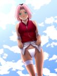 alternate_breast_size aqua_eyes bandage bare_shoulders blue_sky blush breasts cloud clouds cloudy_sky collarbone embarrassed fundoshi green_eyes headband headdress highres impossible_clothes impossible_shirt lips looking_at_viewer miniskirt naruto no_pants outdoors panties pink_hair pink_skirt red_shirt sakura_haruno shirt short_hair skindentation skirt skirt_lift sky sleeveless sleeveless_shirt solo standing tears underwear unzipped upskirt white_panties yuzuriha_(active_homing) zangyura zipper