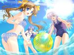 ass ball beachball bikini blue_hair brown_hair fang green_eyes hentai konoe_nanami lamune long_hair nakazato_hikari purple_hair swimsuit tomosaka_suzuka twintails wink