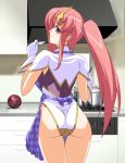  1girl apron ass cooking from_behind frown gloves gundam gundam_seed gundam_seed_destiny hair_ornament hentai kitchen long_hair looking_back meer_campbell pink_hair purple_eyes shiikeru solo star_hair_ornament thigh_gap unmoving_pattern 