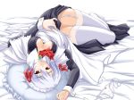  1girl akimoto_dai bed bend blue_hair blush bow bow_panties brooch dress dress_lift erect_nipples hentai jewelry kotonomiya_yuki lace lace-trimmed_thighhighs lying maid no_bra no_panties open_clothes open_shirt panties panties_removed pillow red_eyes shirt short_hair side-tie_panties skirt skirt_lift solo suigetsu thighhighs underwear white_legwear white_panties white_thighhighs zettai_ryouiki 