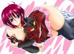 1girl ahoge apa-revo areolae black_legwear blush breasts gundam gundam_seed gundam_seed_destiny hentai lunamaria_hawke lying military military_uniform no_bra off_shoulder on_side purple_eyes red_hair short_hair skirt solo thighhighs undressing uniform