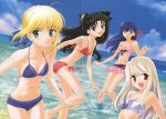 ahoge beach bikini black_hair blonde_hair blue_eyes crease fate/stay_night fate_(series) green_eyes hentai highres illyasviel_von_einzbern long_hair matou_sakura multiple_girls purple_eyes purple_hair red_eyes ribbon saber sakura side-tie_bikini silver_hair sky smile string_bikini swimsuit tohsaka_rin toosaka_rin water