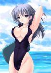  1girl adjusting_hair amei_sumeru arm_up armpits blue_hair breasts cleavage cloud ecchi erect_nipples highleg highleg_swimsuit kickboard long_hair ocean one-piece_swimsuit outdoors outside purple_eyes sea sideboob sky slender smile solo swimsuit water wet 