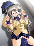  1boy 1girl blue_hair blush breast_grab breasts clannad crotch_rub drop erect_nipples from_behind grabbing hairband hentai master_woo okazaki_tomoya panties sakagami_tomoyo school_uniform serafuku silver_hair sweat sweatdrop tomoya_okazaki tomoyo_sakagami underwear 