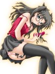  1girl akimoto_dai black_legwear blush camisole cellphone fate/stay_night fate_(series) glasses hentai long_legs panties phone pink_panties solo strap_slip striped striped_panties thighhighs tohsaka_rin toosaka_rin underwear 