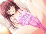 1boy 1girl 4:3_aspect_ratio ahoge anejiru atelier_kaguya bare_legs bare_shoulders bed blush brown_hair cg_art choco_chip clitoris closed_eyes clothing clothing_aside female fingering game_cg hair_intakes hair_ornament hair_ribbon hetero legs lingerie long_hair male male_hand panties panties_aside pussy ribbon shirakawa_anzu solo_focus spread_legs third-party_edit uncensored underwear underwear_aside wince