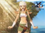  4:3_aspect_ratio angry bandages bandana blue_eyes blush breasts brown_hair cleavage clothing crop_top crying falcom jewelry knife light_brown_hair long_hair looking_at_viewer midriff navel necklace official_art open_mouth skirt sky tears terra_(ys) vest wallpaper water weapon ys ys_vi:_the_ark_of_napishtim 