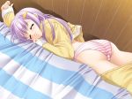 1girl ass bed blush hentai konoe_nanami lamune lingerie neko_neko_soft pajamas panties pants_pull pantyshot purple_hair purple_panties shirt_lift skirt skirt_pull sleeping solo striped striped_panties underwear