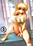 1girl :p bare_shoulders barefoot between_thighs blonde_hair breasts cagalli_yula_athha cleavage feet green_eyes green_panties gundam gundam_seed gundam_seed_destiny hentai hisahiko legs midriff navel panties sitting solo strap_slip tank_top thighs tongue tongue_out underwear underwear_only