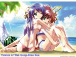  2girls aoi_umi_no_tristia ass barefoot beach bikini breast_press breasts butt_crack fawly fawly_(aoi_umi_no_tristia) feet food fruit green_eyes hentai highres hug komatsu_eiji leg_hug multiple_girls nanoca_flanka one_eye_closed sea side-tie_bikini sitting swimsuit tristia_of_the_deep_blue_sea watermelon yokozuwari 