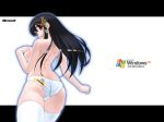  1_female 1_female_human 1_human 1girl black_hair breasts butt female_human hair hand_on_breast hentai human long_hair looking_at_viewer looking_back microsoft os_tan panties rear_view solo standing stockings topless wallpaper windows_xp 