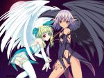 2girls angel black_wings blonde_hair couple elf green_hair headband hentai jewelry multiple_girls murakami_suigun nail_polish pointy_ears purple_hair purple_nails red_eyes silver_hair thighhighs white_wings wings