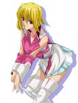  1girl bare_shoulders blonde_hair boots brown_eyes gundam gundam_seed gundam_seed_destiny hentai shiikeru short_hair skirt solo stellar_loussier thighhighs white_boots 