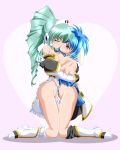 2girls animal_ears aqua_hair asymmetrical_docking blue_eyes blue_hair breast_press broccoli_(company) closed_eyes drill_hair fingering galaxy_angel gloves green_hair hair heart heart_background hentai hug kiss kissing kneeling long_hair mint_blancmanche multiple_girls off_shoulder partially_undressed short_hair spiked_hair tiara vanilla_h yuri