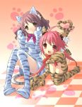  2girls ahoge animal_ears blush bow brown_eyes brown_hair cat_girl clothing costume dress fang female gloves homare_(fool&#039;s_art) long_hair momose_hikaru multiple_girls nekomimi noizi_ito official_art oversized_paw_gloves peace@pieces pink_hair red_eyes red_hair ribbon short_hair shy striped tail takanashi_homare thighhighs tied_hair tiger-striped twintails 