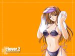 bikini breasts brown_eyes clover_(game_cg) erect_nipples hentai highres nishimata_aoi orange_background orange_hair side-tie_bikini swimsuit wallpaper